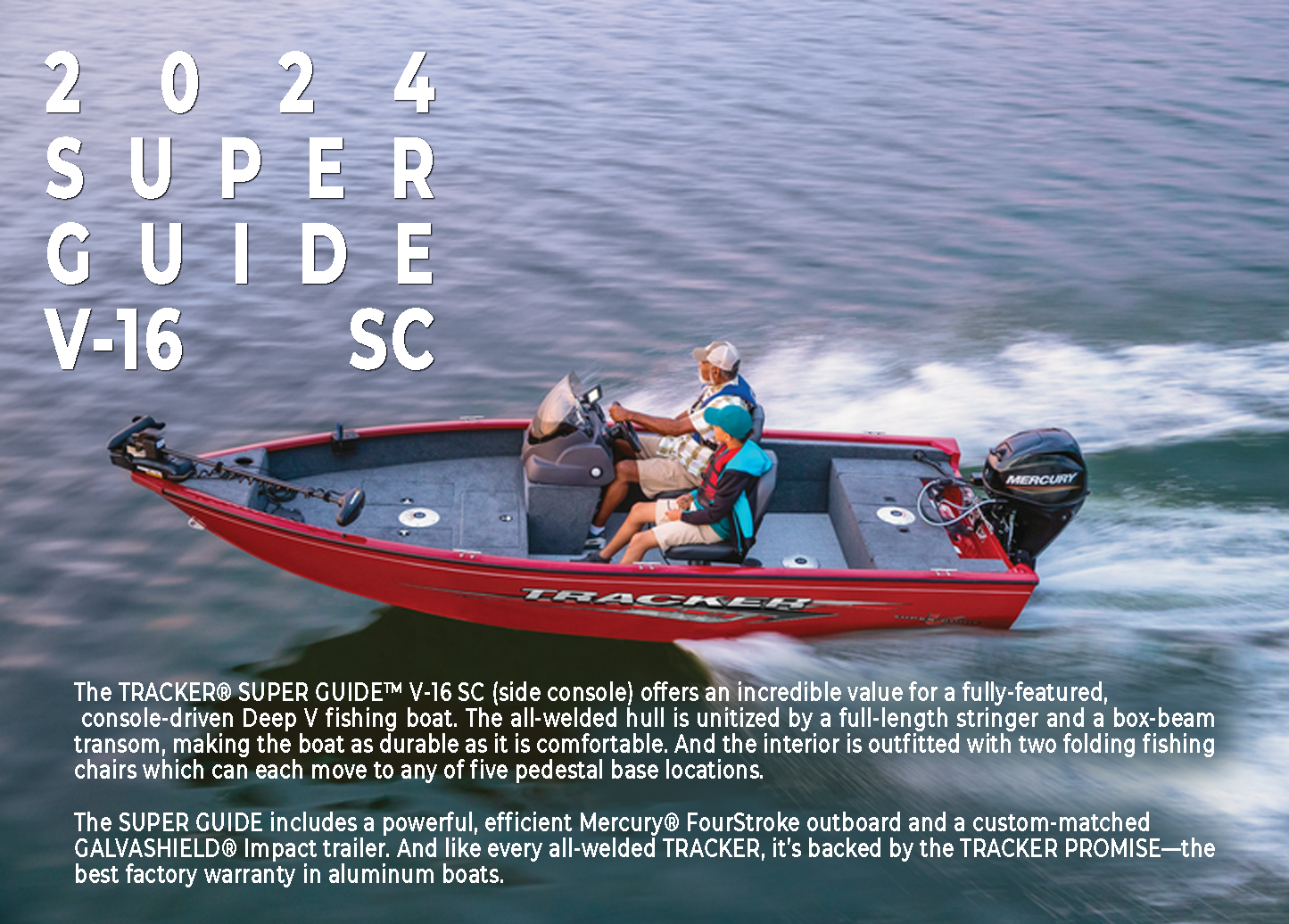 fishing boat, 2024 Tracker Super Guide V-16 SC, aluminum boat, power boat, outboard motor, Mercury marine